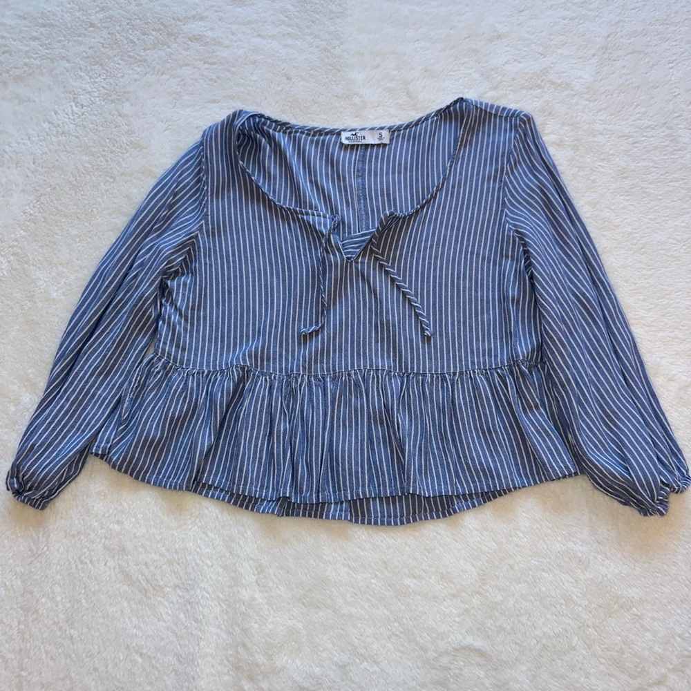Blue and White Stripped Flowy Blouse With Ruffles